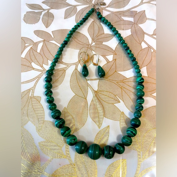 Set Of 2 Green Malachite Gemstone Necklace 17” Earrings 1”  14k gold over silver - Picture 1 of 8
